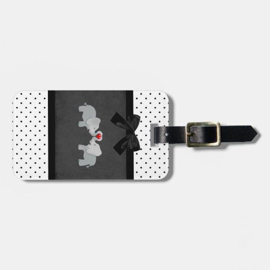 かわいい愛らしいゾウ、水玉模様、ブラックボウ ラゲッジタグ (正面横)
