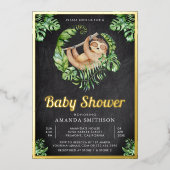 かわいい愛らしいナマケモノの黒板ベビーシャワー金ゴールド 箔招待状 (正面)