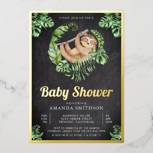 かわいい愛らしいナマケモノの黒板ベビーシャワー金ゴールド 箔招待状 (正面)