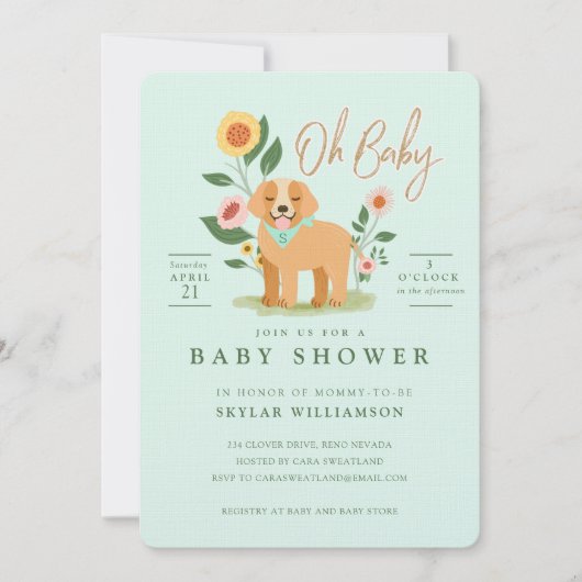 かわいい愛らしいフローラゴールデンレトリバーベビーシャワー 招待状 (正面)
