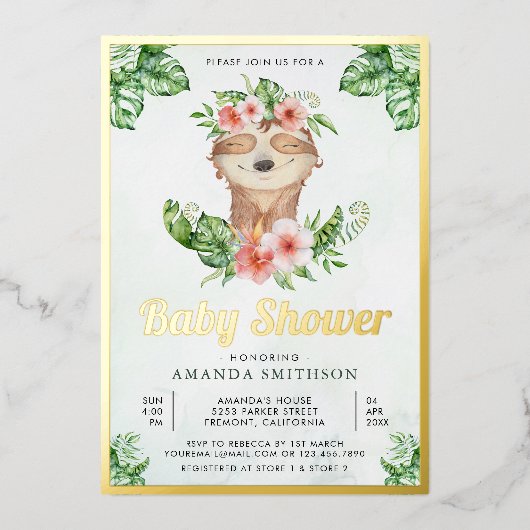 かわいい愛らしいフローラスロスガールベビーシャワー金ゴールド 箔招待状 (正面)