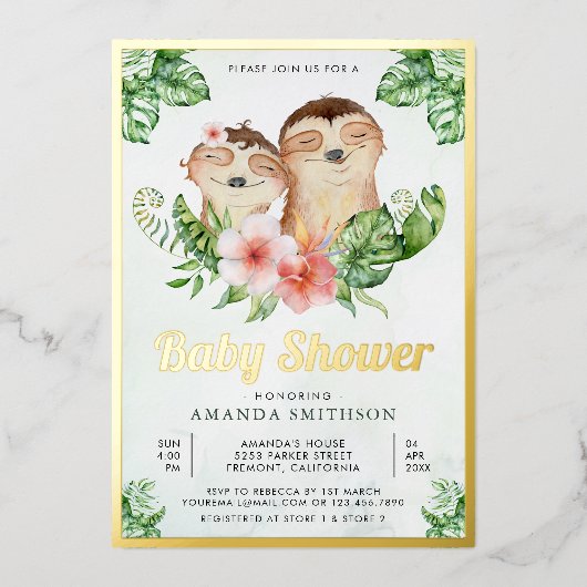 かわいい愛らしいフローラナマケモノ双子ベビーシャワー金ゴールド 箔招待状 (正面)