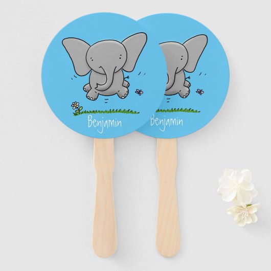 かわいい愛らしいベビー象の漫画イラストレーション ハンドファン (正面&裏面)