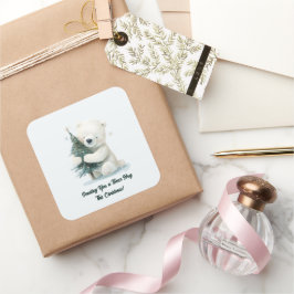 かわいい愛らしいホッキョクグマ抱きクリスマスツリー スクエアシール