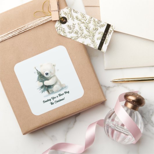 かわいい愛らしいホッキョクグマ抱きクリスマスツリー スクエアシール (ギフト)