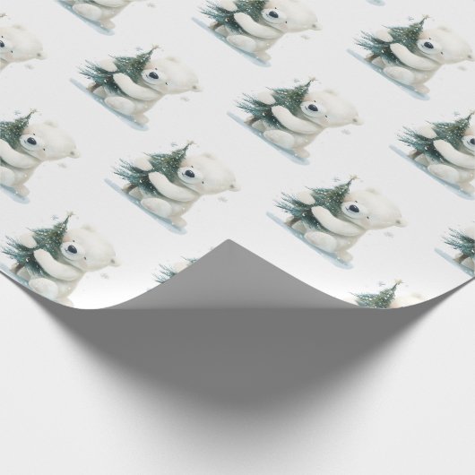 かわいい愛らしいホッキョクグマ抱きクリスマスツリー ラッピングペーパー (角)