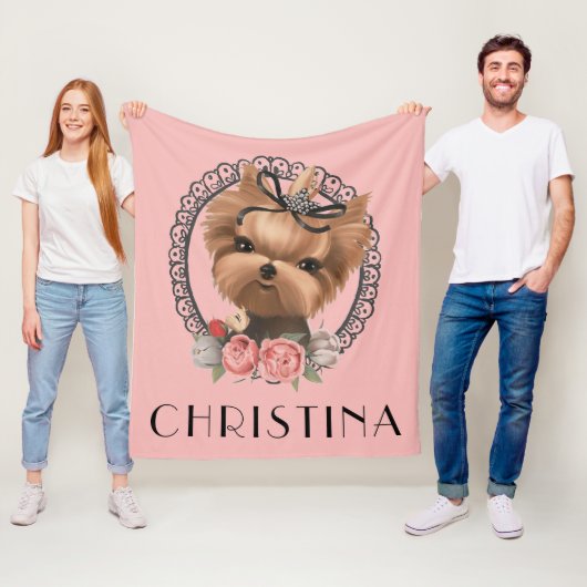 かわいい愛らしいヨークシャーテリア子犬ピンクフローラ フリースブランケット (インサイチュ)