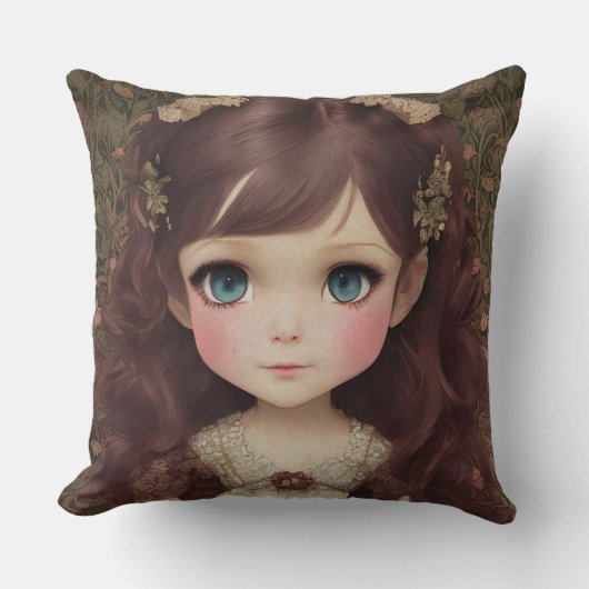 かわいい愛らしいヴィンテージスタイルチビ(小さくかわいく書いた感じ)かわいいガールアート クッション (正面)