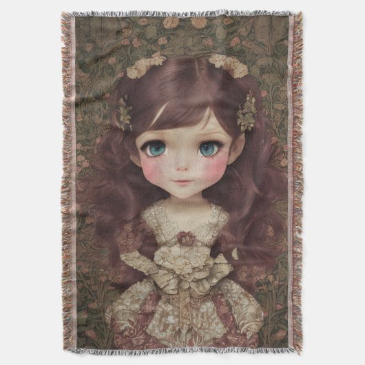 かわいい愛らしいヴィンテージスタイルチビ(小さくかわいく書いた感じ)かわいいガールアート スローブランケット (正面縦)