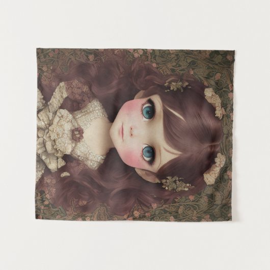 かわいい愛らしいヴィンテージスタイルチビ（小さくかわいく書いた感じ）かわいいガールアート タペストリー (正面(横))