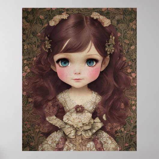 かわいい愛らしいヴィンテージスタイルチビ（小さくかわいく書いた感じ）かわいいガールアート ポスター (正面)