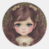 かわいい愛らしいヴィンテージスタイルチビ(小さくかわいく書いた感じ)かわいいガールアート ラウンドシール (正面)