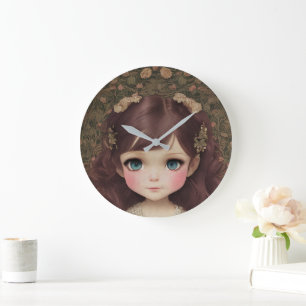 かわいい愛らしいヴィンテージスタイルチビ(小さくかわいく書いた感じ)かわいいガールアート ラージ壁時計