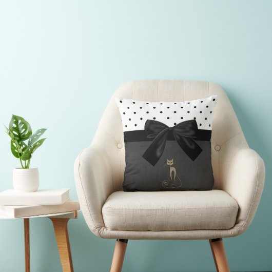 かわいい愛らしい猫、水玉模様、ブラックボウ クッション (椅子)