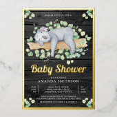 かわいい愛らしい眠るコアラ木材ベビーシャワー金ゴールド 箔招待状 (正面)