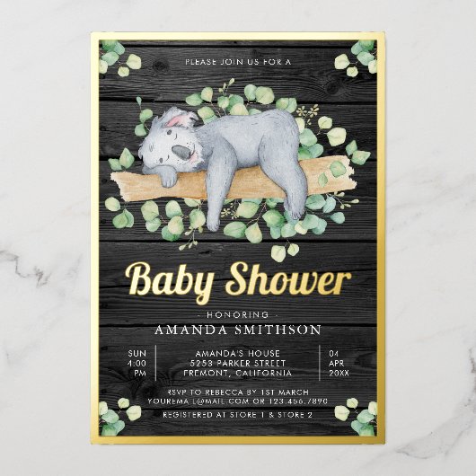 かわいい愛らしい眠るコアラ木材ベビーシャワー金ゴールド 箔招待状 (正面)