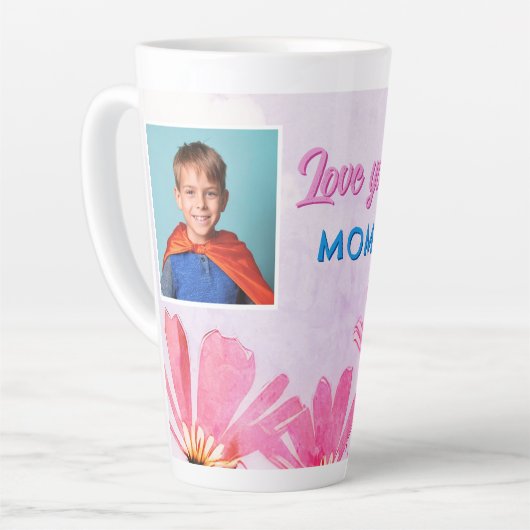 かわいい愛ママピンクの花2枚の写真 カフェラテマグ (左アングル)