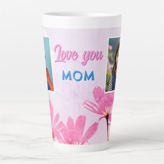 かわいい愛ママピンクの花2枚の写真 カフェラテマグ (正面)