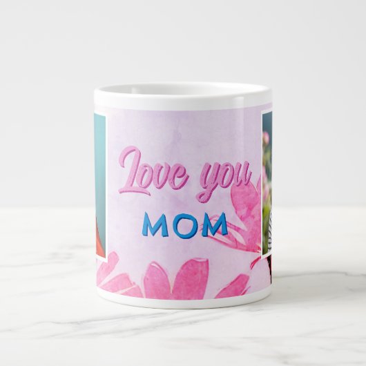 かわいい愛ママピンクの花2枚の写真 ジャンボコーヒーマグカップ (正面)