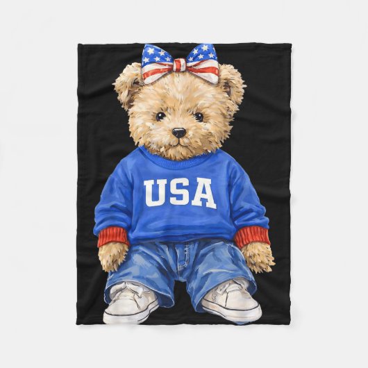 かわいい愛国クマ アメリカ独立記念日 フリースブランケット (正面)
