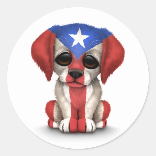 かわいい愛国心プエルトリコ国旗の子犬、白 ラウンドシール (正面)