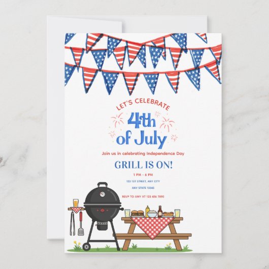 かわいい愛国的な7月4日のBBQパーティー招待状 招待状 (正面)