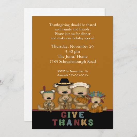 かわいい感謝してい与え熊感謝祭招待状 招待状 (正面/裏面)