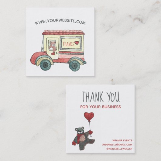 かわいい感謝テディベアメールトラックの水色 スクエア名刺 (正面/裏面)