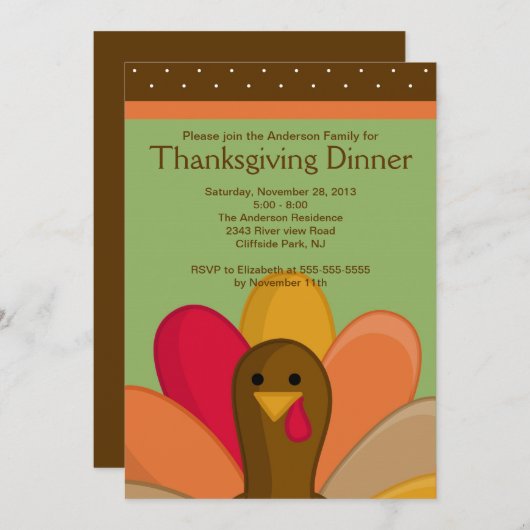 かわいい感謝祭のトルコの夕食のパーティの招待状 招待状 (正面/裏面)
