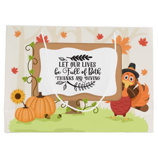 かわいい感謝祭の七面鳥の言葉芸術  ラージペーパーバッグ (裏面)