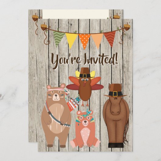 かわいい感謝祭の動物とトルコの誕生日 招待状 (正面/裏面)