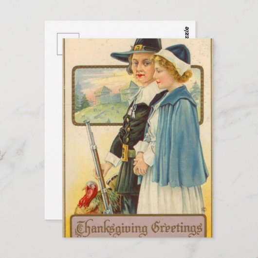 かわいい感謝祭の巡礼者ヴィンテージホリデーハガキ ポストカード (正面/裏面)