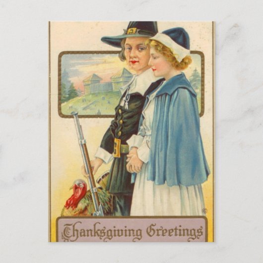 かわいい感謝祭の巡礼者ヴィンテージホリデーハガキ ポストカード (正面)