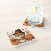 かわいい感謝祭の恐竜 ガラスコースター (アングル)