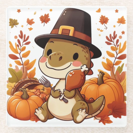 かわいい感謝祭の恐竜 ガラスコースター (正面)