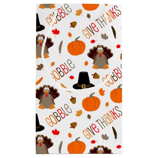 かわいい感謝祭パターンは与えます感謝をがつがつむさぼります スモールペーパーバッグ (裏面)