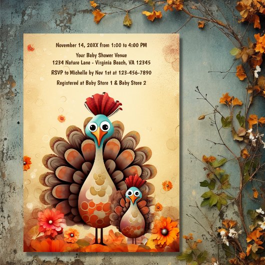 かわいい感謝祭ママとベビー七面鳥ベビーシャワー 招待状