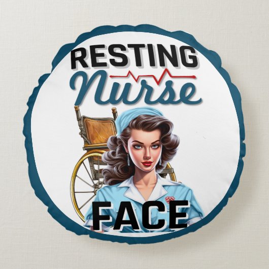 かわいい懐かしいナースピンナップ休憩ナース顔 ラウンドクッション (正面)