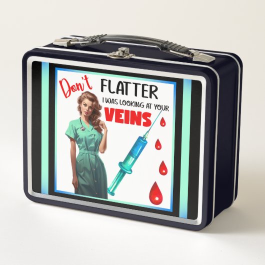 かわいい懐かしいナースピンナップ自分を引き立てない メタルランチボックス (正面)