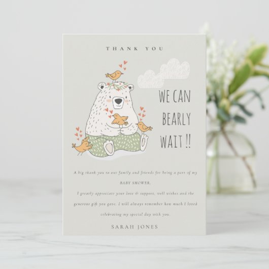 かわいい我々はベアバードの赤ちゃんシャワーを待つことができる サンキューカード (スタンド正面)
