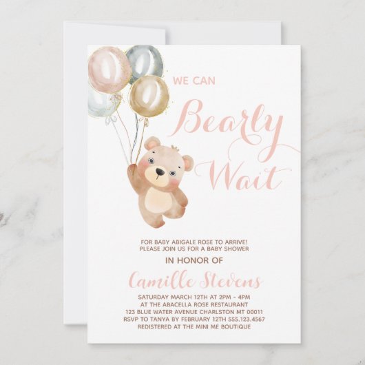 かわいい我々はベアベビーシャワー女の子を待つことができる 招待状 (正面)