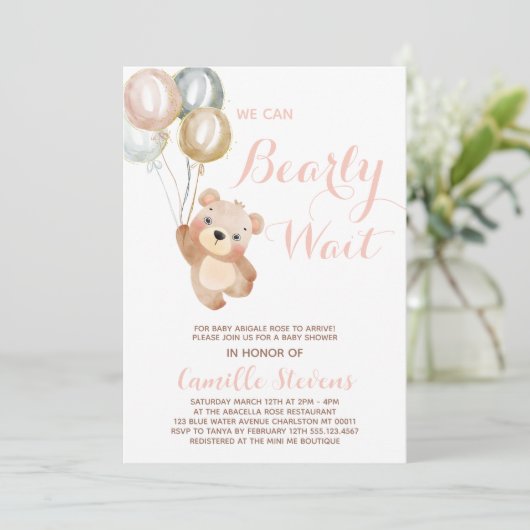 かわいい我々はベアベビーシャワー女の子を待つことができる 招待状 (スタンド正面)