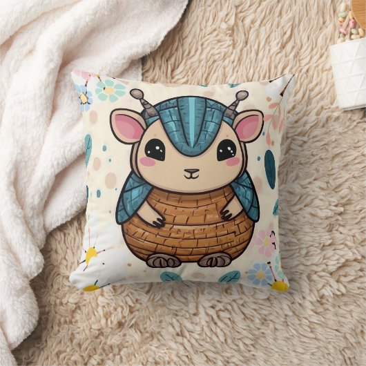 かわいい戦士アルマジロのフローラプリント クッション (ブランケット)