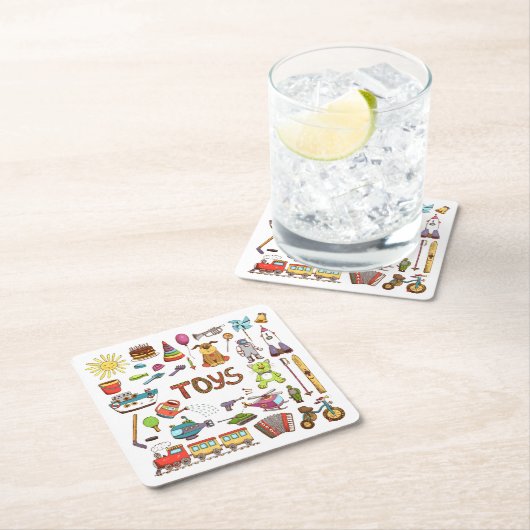 かわいい手で描かれた子供たち漫画おもちゃ スクエアペーパーコースター (インサイチュ)