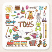 かわいい手で描かれた子供たち漫画おもちゃ スクエアペーパーコースター (正面)