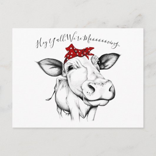 かわいい手で描かれた牛のバンダナ移動の発表 ポストカード (正面)