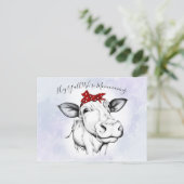 かわいい手で描かれた牛のバンダナ移動の発表 ポストカード (スタンド正面)