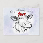 かわいい手で描かれた牛のバンダナ移動の発表 ポストカード (正面)