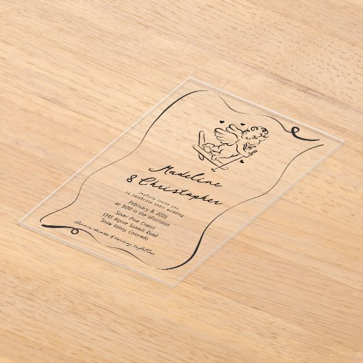 かわいい手ぬきキューピッドをスキー冬季結婚式で アクリル招待状 (レイダウン)