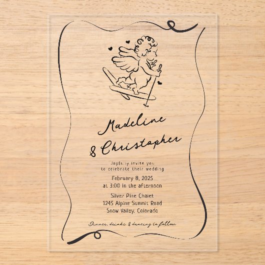 かわいい手ぬきキューピッドをスキー冬季結婚式で アクリル招待状 (正面)